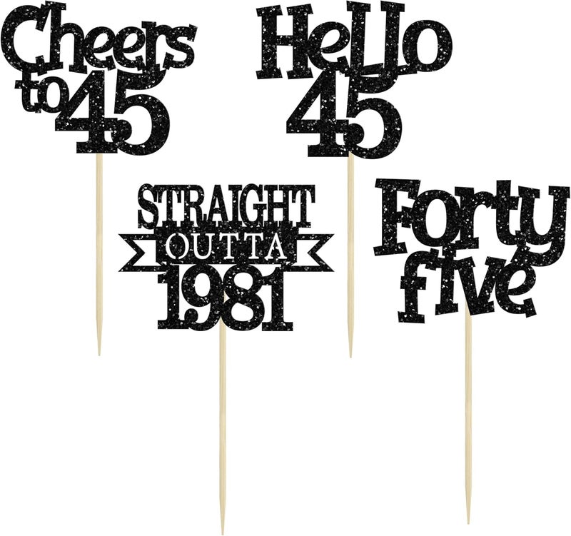 Ephlyn 24Pcs 45th Birthday Cupcake Toppers Glitter Straight Outta 1981 Cupcake Picks Hello 45 Cheers to 45 Years Cake Decorations for 45th Birthday Anniversary Party Decorations Supplies Black - Image 3
